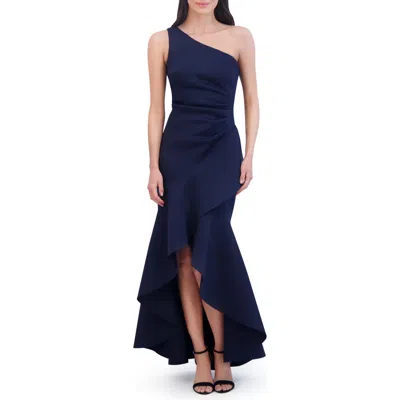 Eliza J One shoulder Side Pleat Ruffle Gown In Navy ModeSens