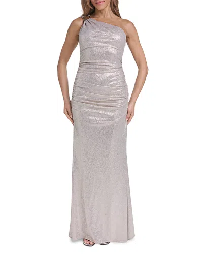 Eliza J One Shoulder Side Ruched Metallic Gown In Gray
