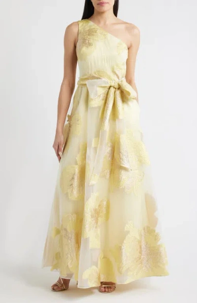 Eliza J One-shoulder Brocade Ballgown In Yellow