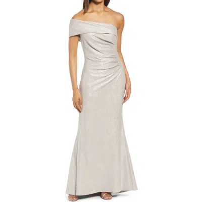 Eliza J One-shoulder Glitter Mermaid Gown In Neutral