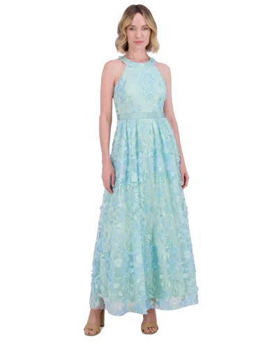 Eliza J Petite 3d Floral Applique Halter Gown In Sage