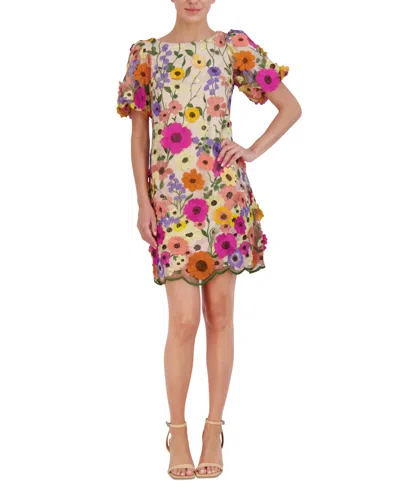 Eliza J Petite 3d-floral Puff-sleeve Mini Dress In Multi Floral