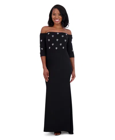 Eliza J Petite Embellished Off-the-shoulder Gown In Black
