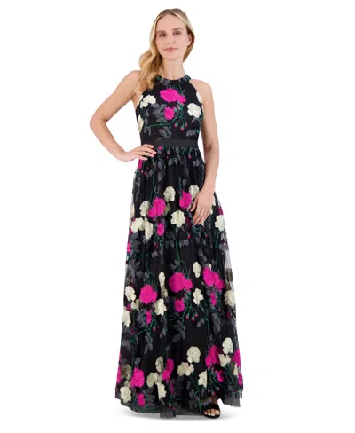Eliza J Petite Embroidered Tulle Ball Gown In Black Multi