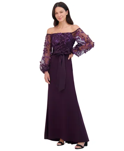 Eliza J Petite Floating Petals Embellished Off-the-shoulder Gown In Plum
