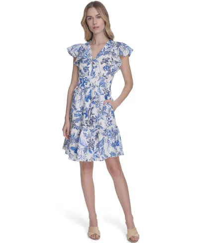 Eliza J Petite Floral Flutter-sleeve Smocked-waist Dress In Ivory Blue