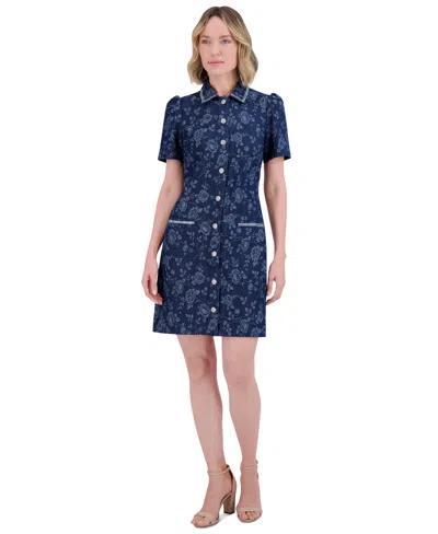ELIZA J PETITE FLORAL PRINT PUFF-SLEEVE DENIM SHIRT DRESS