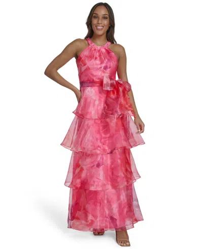 Eliza J Petite Halter Neck Floor Length Gown In Pink