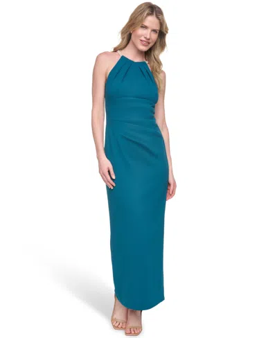 Eliza J Petite Halter Neck Side Tuck Gown In Blue