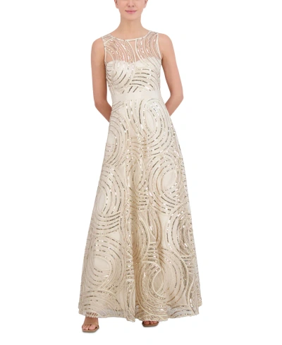 Eliza J Petite Illusion-yoke Sleeveless Gown In Champagne