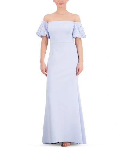 Eliza J Petite Off-the-shoulder Beaded Puff-sleeve Gown In Periwinkle