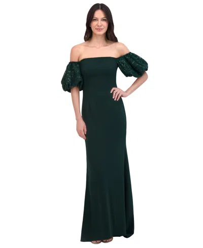 Eliza J Petite Off-the-shoulder Sequin-puff-sleeve Gown In Hunter