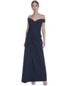 Eliza J Petite Off-the-shoulder Side-drape Crepe Gown In Navy