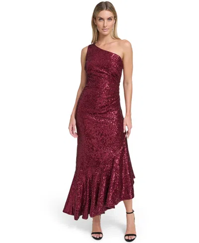 Eliza J Petite One-shoulder Sequin High-low Dress In Brown