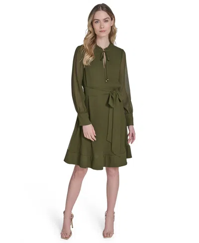 Eliza J Petite Pleated Chiffon V-neck Dress In Green