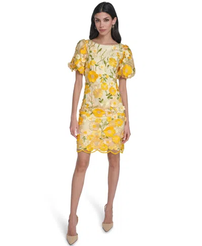 Eliza J Petite Printed Boat Neck Shift Dress In Yellow