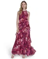 Eliza J Petite Printed Chiffon Ruffled-skirt Halter Gown In Burgundy