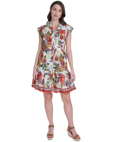 Eliza J Petite Printed Collared Neck Mini Dress In Multi