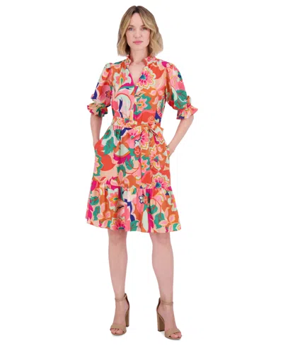 Eliza J Petite Printed V-neck Elbow-sleeve Tie-waist Dress In Open