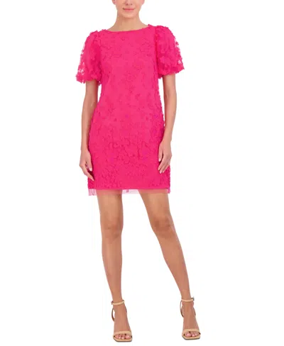 Eliza J Women's 3d Floral-appliqued Puff-sleeve Dress In Hot Pink