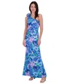 Eliza J Petite Rosette-shoulder Watercolor-print Evening Gown In Blue