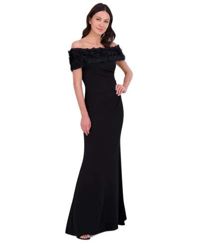 Eliza J Petite Rosette-trim Off-the-shoulder Evening Gown In Black