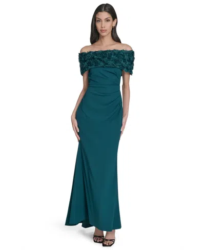 Eliza J Petite Rosette-trim Off-the-shoulder Evening Gown In Green