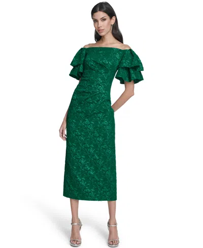 Eliza J Petite Ruffled-sleeve Back Zipper Dress In Green