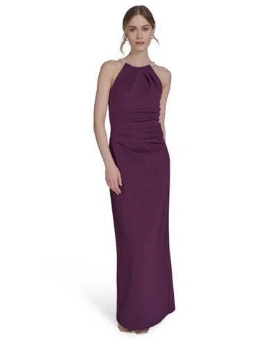 Eliza J Petite Scuba Crepe Halter Side-tuck Gown In Purple