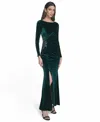 Eliza J Petite Side Ruched Velvet Long Sleeve Gown In Green