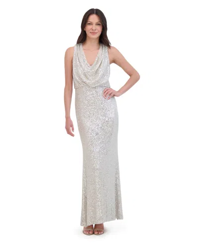 Eliza J Petite Sleeveless Cowl Neck Sequin Long Gown In White
