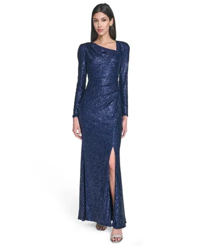Eliza J Petite Social Sequin Asymmetrical Neck Dress In Blue
