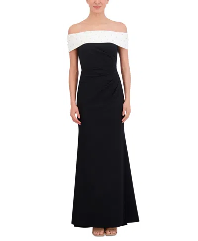 Eliza J Petite Studded Off-the-shoulder Gown In Black White