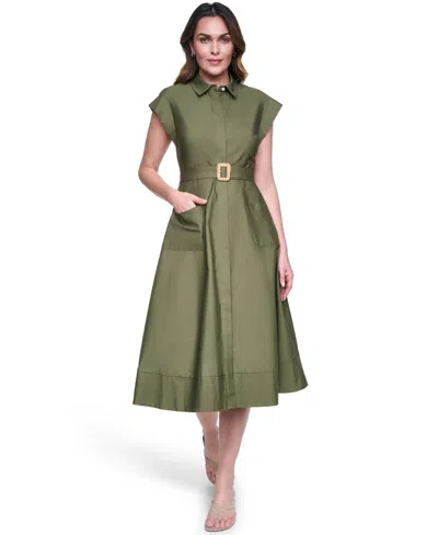 Eliza J Petite Trapunto Stitch Collared Button Down Midi Shirt Dress In Green