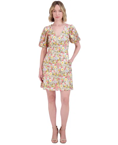 Eliza J Petite V-neck Puff-sleeve Embroidered Dress In Open