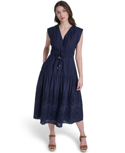 Eliza J Petite V-neck Sleeveless Midi Dress In Blue