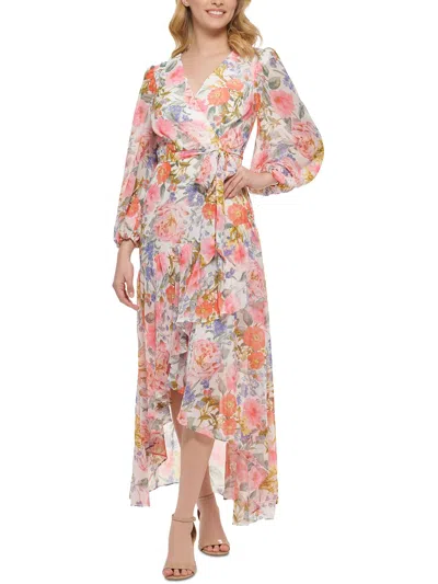 Eliza J Petites Womens Ruffled Midi Wrap Dress In Multi