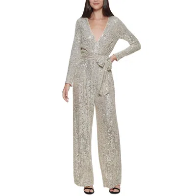 Eliza J Petites Womens Sequined Surplice Jumpsuit In Silver