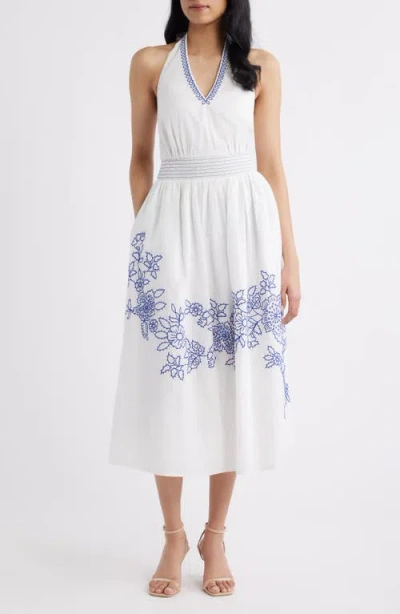 Eliza J Placed Embroidery Halter Neck Cotton Midi Dress In Blue