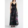 Eliza J Placed Floral Mixed Media Gown In Black