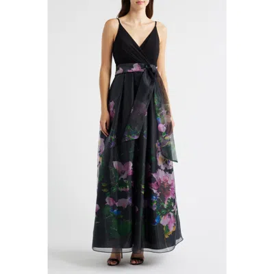 Eliza J Placed Floral Mixed Media Gown In Black
