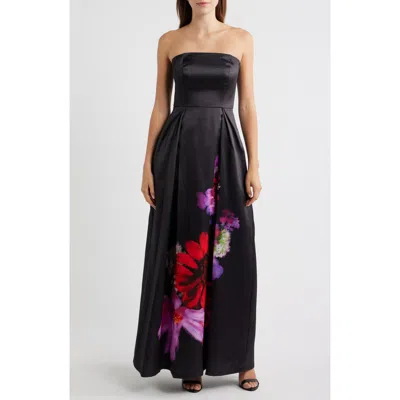 Eliza J Placed Floral Strapless Satin Ballgown In Black