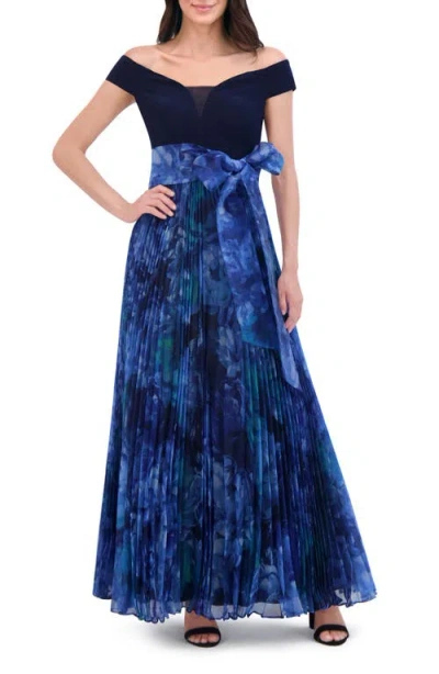 Eliza J Pleated Off The Shoulder Gown In Navy