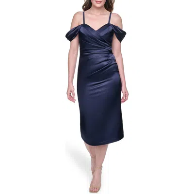 Eliza J Pleated Satin Off The Shoulder Midi Dress In Blue