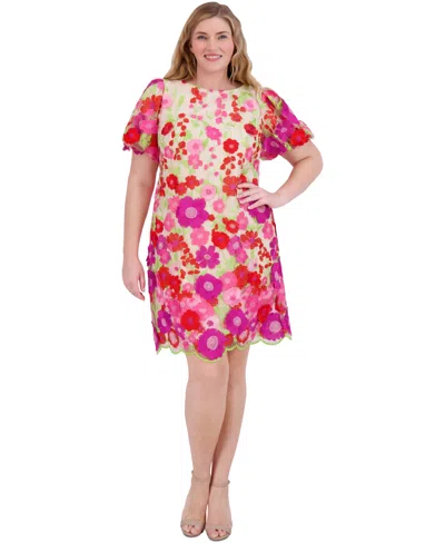 Eliza J Plus Size 3d Embroidered-florals Puff-sleeve Dress In Pink