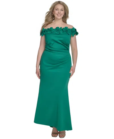 Eliza J Plus Size 3d Floral Off-the-shoulder Gown In Green