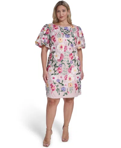 Eliza J Plus Size Boat Neck Floral Embroidered Mesh Dress In Multi