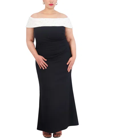 Eliza J Plus Size Embellished Off-the-shoulder Gown In Black White