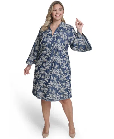 Eliza J Plus Size Embroidered Denim Shift Dress In Blue
