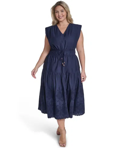 Eliza J Plus Size Embroidered V-neck Midi Dress In Blue